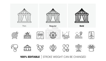 Carousel, Roller coaster and Circus. Amusement park line icons. Clown linear icon set. Line icons set. Vector