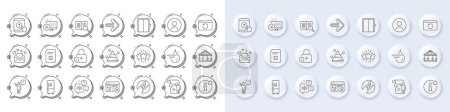 Hydroelectricity, Swipe up and Lift line icons. White pin 3d buttons, chat bubbles icons. Pack of Electric energy, Next, Reject web icon. Reject access, Star, Lock pictogram. Vector
