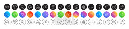 Dog leash, Fishfinder and Pets care line icons. Round icon gradient buttons. Pack of Winner cup, Pet tags, Feather icon. Pet shelter, Water bowl, Fish pictogram. Vector