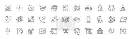 Delivery truck, Statistics and Sea mountains line icons. Pack of Ice cream, Voting ballot, Agreement document icon. Seo gear, Loan percent, Internet notification pictogram. Airplane wifi. Vector
