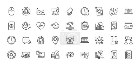 Voting ballot, Qr code and Computer mouse line icons pack. AI, Question and Answer, Map pin icons. Web lectures, Teamwork, People chatting web icon. Time, Manual, Search pictogram. Vector