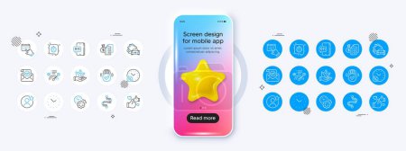 Loan percent, Timer and Home charging line icons. Phone mockup with 3d star icon. Pack of Correct answer, Time management, Time icon. Confirmed mail, Emergency call, Event click pictogram. Vector