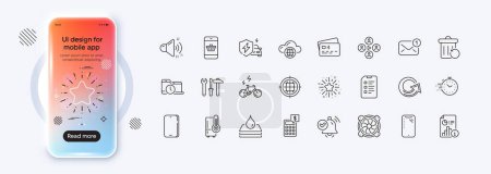 New message, Smartphone buying and Report line icons for web app. Phone mockup gradient screen. Pack of Loud sound, Video conference, Computer fan pictogram icons. Vector
