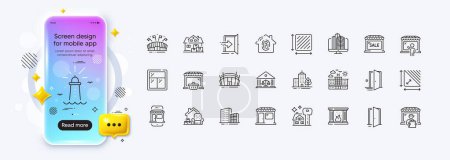 Fireplace, Market seller and Market sale line icons for web app. Phone mockup gradient screen. Pack of Door, Court building, Hotel pictogram icons. Arena stadium, Home moving, Buildings signs. Vector