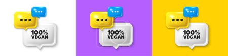 Illustration for Chat speech bubble 3d icons. 100 percent vegan tag. Organic bio food sign. Vegetarian product symbol. Vegan food chat text box. Speech bubble banner. Offer box balloon. Vector - Royalty Free Image