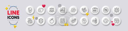 Sick man, Medical staff and Life insurance line icons. White buttons 3d icons. Pack of Medical tablet, Patient, Fahrenheit thermometer icon. Apple, Check eye, Dating pictogram. Vector