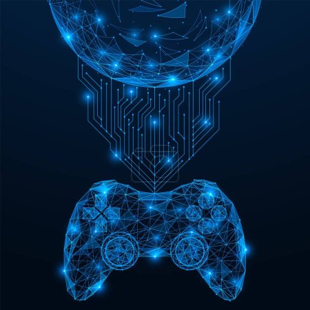Connecting the game joystick to the global network. Polygonal design of interconnected lines and points. Blue background.
