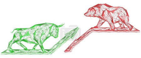 Illustration for The green bull and the red bear stand on the arrows of growth and decline. Polygonal design of lines and points. - Royalty Free Image