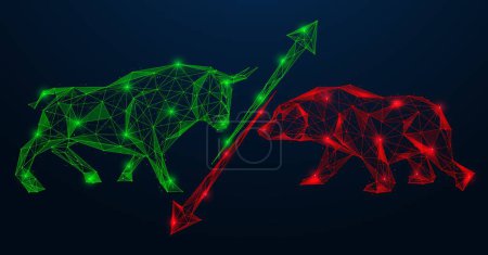 Illustration for Green bull and the red bear of the stock market. Arrows of growth and fall, online trading. Low-poly design of lines and dots. - Royalty Free Image