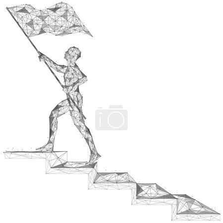 Téléchargez les illustrations : L'homme monte les escaliers avec un drapeau. Conception polygonale des lignes et des points. - en licence libre de droit