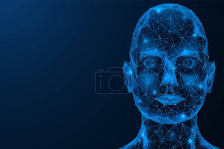 Ilustración de Cara humana virtual. Copia biométrica digital. Diseño de líneas y puntos interconectados. Fondo azul. - Imagen libre de derechos