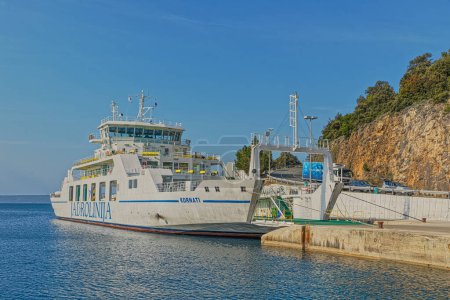 Photo for POROZINA CRES, CROATIA - April 25 2020: Boarding the passenger and vehicle ferry Kornati that runs between Brestova and Porozina on Cres island. - Royalty Free Image