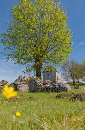 Foto de Restos del fuerte Sokolac y Capilla de la Santísima Trinidad en Brinje, Croacia. Se remonta a la época medieval, mientras que la ciudad fue ocupada por las familias nobles Frankopan y Gorjanski - Imagen libre de derechos