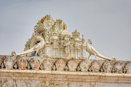 Photo for PUSHKAR, INDIA - MARCH 3 2018: Decorative detail on the roof of the Shree Rma Vaikunth Mandir temple. - Royalty Free Image