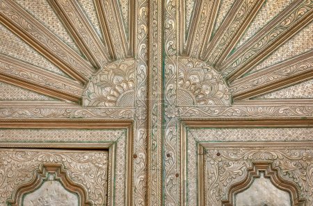 Photo for PUSHKAR, INDIA - MARCH 3 2018: Entrance door relief detail at the entrance to the Parshuram Dwara Mandir temple. - Royalty Free Image