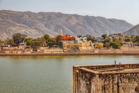 Photo for PUSHKAR, INDIA - MARCH 3 2018: Beautiful view from the house terrace to the holly lake. - Royalty Free Image