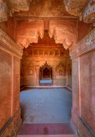 Photo for FATEHPUR SIKRI, INDIA - MARCH 4 2018: Room at the temple at historical remains of Panch Mahal in Uttar Pradesh. - Royalty Free Image