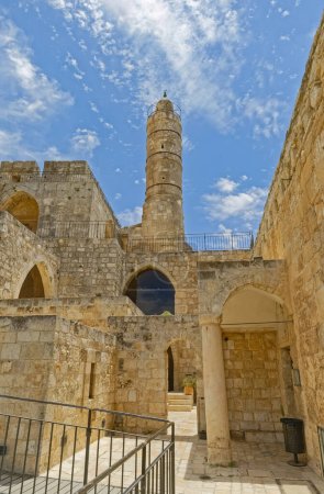 Photo for JERUSALEM, ISRAEL - MAY 18, 2016: Ottoman minaret in the Tower of David and new city in the background - Royalty Free Image