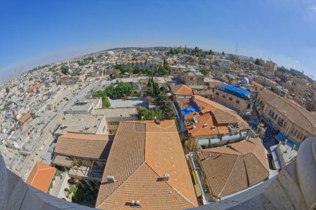 Photo for JERUSALEM, ISRAEL - MAY 18, 2016: Fisheye lens shot of the panoramic view of the old city of Jerusalem. - Royalty Free Image