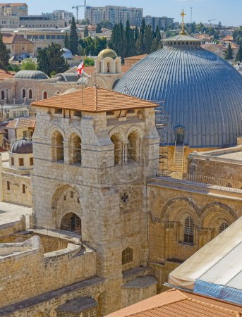 Photo for Panoramic view of the Church of the Holy Sepulchre Tower in Old City Jerusalem, Israel. - Royalty Free Image