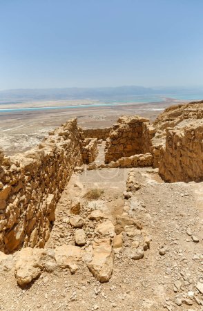 Photo for Eastern observation point, part of Masada ruins of the ancient fortress in southern Israels Judean desert. - Royalty Free Image