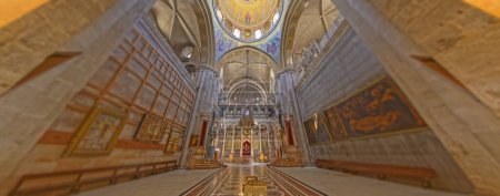 Photo for JERUSALEM, ISRAEL - JUNE 19, 2015: Extremely wide lens shot of the Katholikon or Catholicon Chapel with the throne of the Greek Orthodox Patriarch in Church of the Holy Sepulchre. - Royalty Free Image