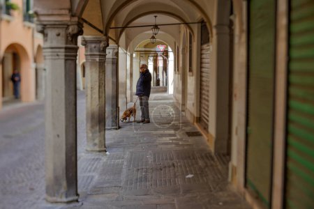 Photo for PADUA, ITALY - APRIL 03 2023: A person walking a dog while talking on the phone against the backdrop of a historic building in a charming medieval alleyway. Tilt shift lens shot. - Royalty Free Image