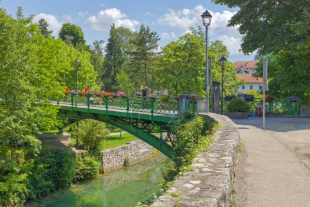 Téléchargez les photos : JAJCE, BOSNIE-HERZÉGOVINE - 2 juin 2023 : Le pont Ajfel sur la rivière Pliva, magnifiquement orné de diverses fleurs. - en image libre de droit