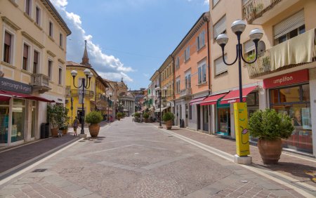 Téléchargez les photos : SAN DONA DI PIAVE, ITALIE - 28 juillet 2023 : Vue panoramique de la rue Corso Silvio Trentin bordée d'arrangements floraux luxuriants s'étendant au loin. - en image libre de droit