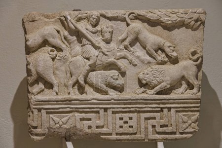 Foto de APOLLONIA, ALBANIA - 20 de octubre de 2022: Un relieve recientemente descubierto con figuras y leones en un sitio arqueológico muestra la influencia griega y romana. - Imagen libre de derechos