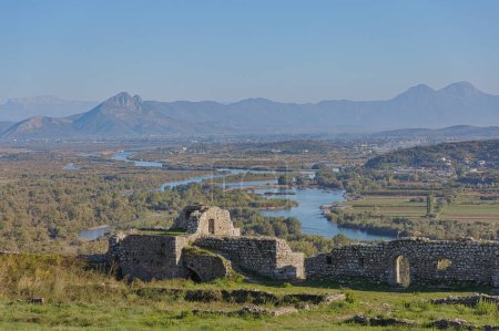 Photo for Panoramic view of the Drin River valley seen from the historic Rozafa Fortress in Shkoder, Albania. - Royalty Free Image