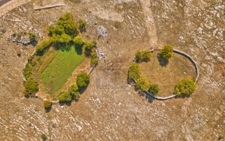 Foto de Perspectiva aérea de antiguos círculos de piedra utilizados para el ganado o los jardines, situados en la meseta de Mostar. - Imagen libre de derechos