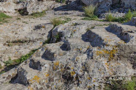 Foto de Escalera cubierta de liquen tallada en roca viva en la cima de Angelokastro, el Castillo del Ángel en Corfú, Grecia. - Imagen libre de derechos