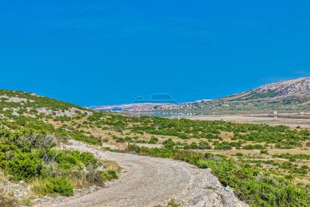 Téléchargez les photos : Route de campagne serpentant à travers le terrain arbustif de Pag, avec un aperçu des champs de sel et de la mer Adriatique au loin. - en image libre de droit