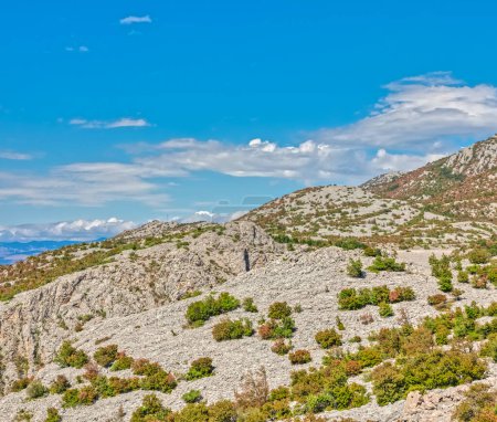 Foto de Vista panorámica del terreno de piedra caliza y escasa vegetación al pie de la majestuosa montaña Velebit en Croacia. - Imagen libre de derechos
