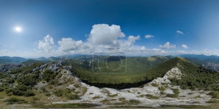 Photo for A drone captures the entire panorama from Ljubicko Brdo, offering an uninterrupted view of the mountainous horizon and the intricate patterns of the landscape below. - Royalty Free Image