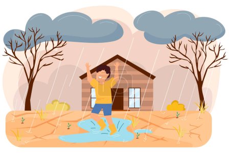 Illustration for A child plays in the rain after a drought. Abnormal heat. Drought. - Royalty Free Image