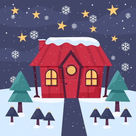 Illustration for Winter. House. Evening winter landscape. Christmas. Snowfall. Vector illustration in modern flat style. - Royalty Free Image