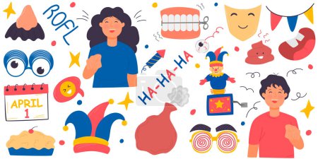 Illustration for Fools Day Vector Set. 1 April. Laughter. Objects for a prank. - Royalty Free Image