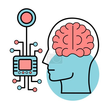 Neurochip. Human brain with a chip. Linear icon. Future concept