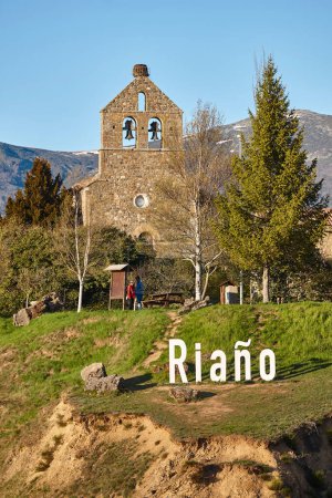 Photo for Picturesque village with stone bell tower Riano, Castilla Leon. Spain - Royalty Free Image