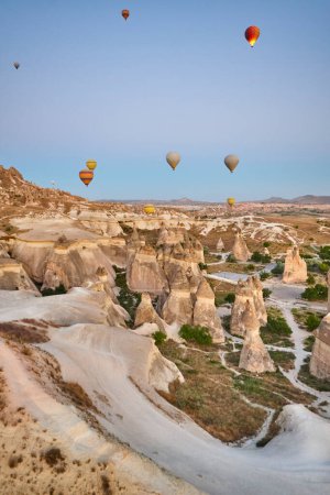 Photo for Balloons in rose valley, Cappadocia. Spectacular flight in Goreme. Turkey - Royalty Free Image