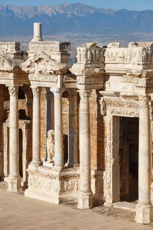 Photo for Amphitheatre classic columns in Hierapolis archeology site. Pamukkale, Turkey - Royalty Free Image