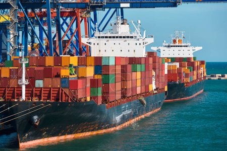 Containers on a vessel. Global market. Cargo shipping. International economy