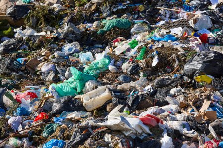 Open air garbage dump. Plastic pollution. Recycling junk. Consumerism magic mug #655414200