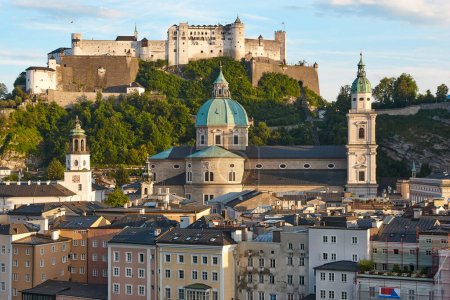 Historic Hohensalzburg fortress and Salzburg cathedral cityscape. Salzburg, Austria