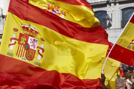 Spanish flags and coat of arms. Nation emblem. Spain