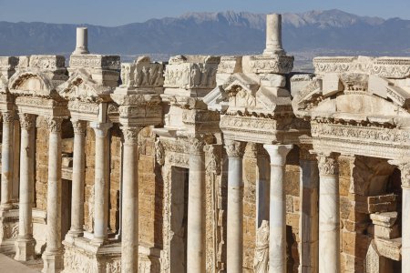 Photo for Amphitheatre classic columns in Hierapolis archeology site. Pamukkale, Turkey - Royalty Free Image