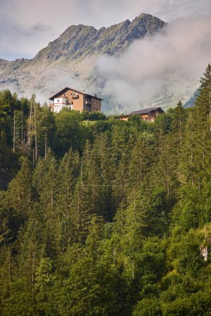 Wald- und Berglandschaft in der Region Tirol. Traditionelles Haus. Österreich