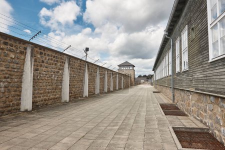 Mauthausen memorial concentration camp. Barracks and watchtower. Austria